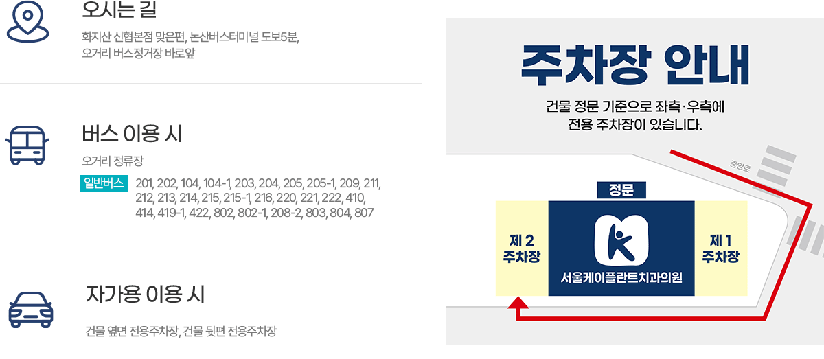 서울케이플란트치과 오시는 길 논산버스터미널 도보 5분 주차장 안내